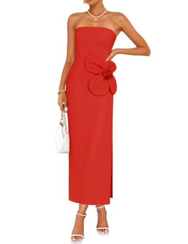 ZESICA Womens Summer Cocktail Strapless Maxi Dress 2026 Formal Bodycon Backless Floral Tube Wedding Guest Party Long Dresses,Red,X-Large - Image 1