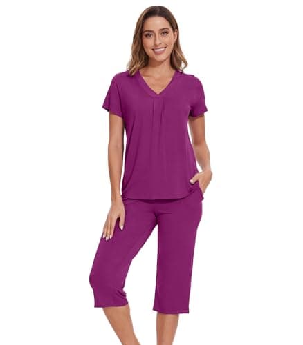 WiWi Bamboo Viscose Womens Pajamas Set Cool Short Sleeve with Capris Sets Super Soft Sleepwear with Pockets S-XXL, Purplish Red, Large - Image 1