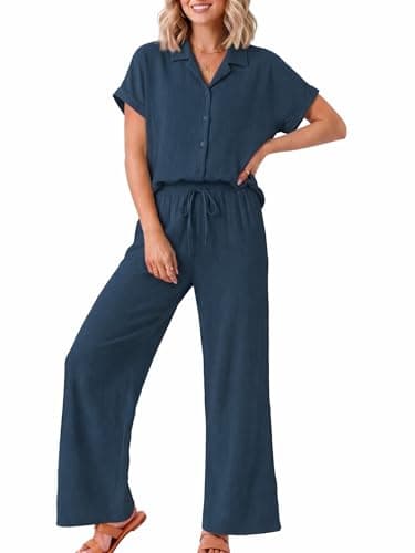 Casly Lamiit Womens Two Piece Sets Wide Leg Pants Sets With Pockets Summer Outfits for Beach Vacation Navy Blue Casual Resort Wear XL - Image 1