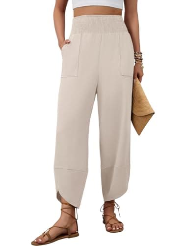 grewley Womens Wide Leg Palazzo Capri Pant Barrel Harem Linen Pants High Waist Lounge Trousers Beach Vacation Apricot L - Image 1