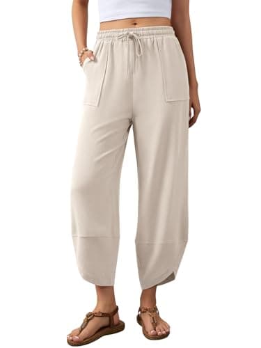 Jiflora Wide Leg Capri Pants for Women Barrel Baggy Drawstring Elastic Waist Trousers with Pockets Beach Apricot M - Image 1