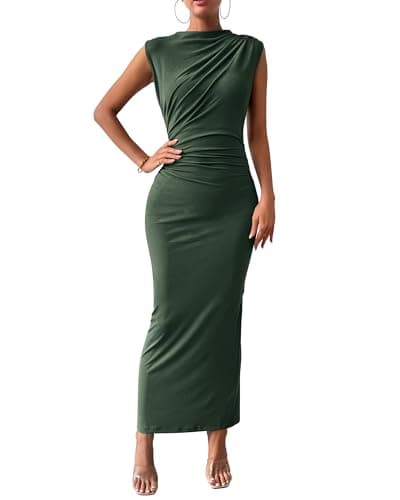 BTFBM Women Ruched Bodycon Maxi Dresses Summer Casual Sleeveless Lightweight Slit Elegant Cocktail Wedding Guest Dress(Army Green, Medium) - Image 1