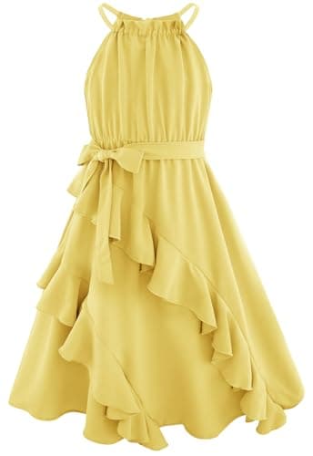 Summer Dresses for Teens 12-14 Tween Girls Backless Tiered Ruffle Halter Flowy Midi Belt Hawaiian Casual Sundress Yellow - Image 1