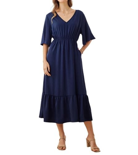 Women's Navy Midnight Dark Blue High Empire Waist Formal Dress with Pockets Ladies V Neck Enco Half 3/4 Three Quarter Sleeve Maxi Long Casual Summer Fall Loose Fit Dresses for Seniors - Image 1