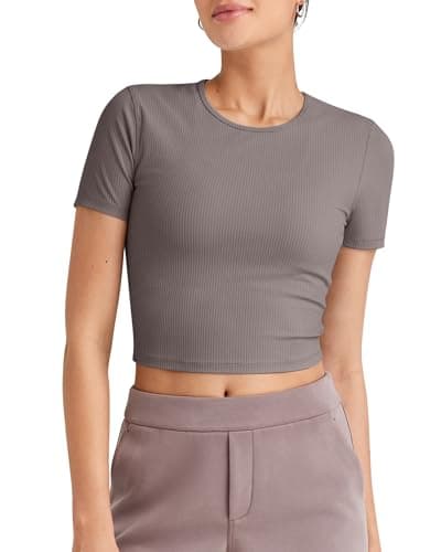 G4Free Workout Shirts Women Short Sleeve Ribbed Tshirts Slim Fit Stretchy Breathable Comfy Gym Yoga Running Casual Crop Tops(Taupe,XS) - Image 1