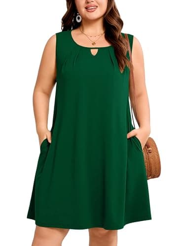 AusLook Plus Size Summer Midi Dress for Women Sleeveless Casual A Line Swing Green 3X Dress with Pockets Keyhole Neck Solid Color Vacation Beach Travel Dress