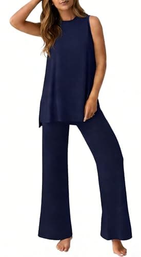 PrinStory Womens Pajamas Sets 2 Piece Soft Pjs for Women Sleeveless Pajama Set Summer Loungewear with Pockets Navy Blue-2XL - Image 1