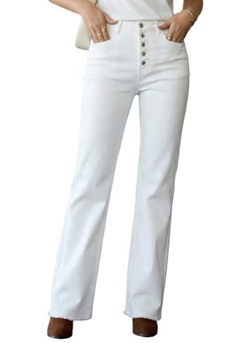 Sidefeel Women's Jeans High Waisted Straight Leg Stretchy Jeans Trendy Button Fly Raw Hem Wide Leg Denim Pants White Size 14 - Image 1