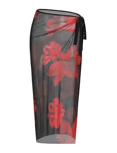 ZAFUL Womens Sheer Sarong Beach Cover Up Floral Bathing Suit Wrap High Slit Lightweight Bikini Coverups Swimsuit Skirt Pareo Vaction Clothes Red Black Summer 2026 Large - Image 1