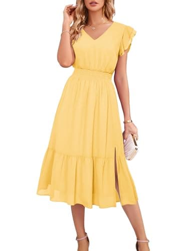 GRACE KARIN 2026 Womens Summer Dresses V Neck Ruffle Sleeve Floral Boho Beach A-Line Dress Light Yellow-Plain Small - Image 1