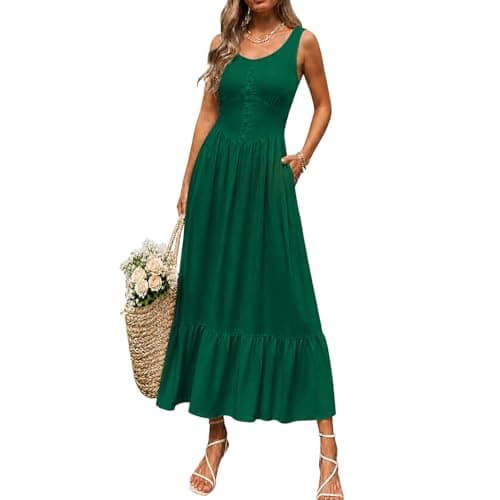 materasu Button-Front Sleeveless MidiDress with Pocket: for Women Comfortable Casual Dress with Ruffle Hem,Perfect for Summer&Everyday Wear Green - Image 1
