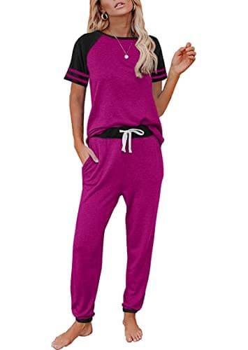 PRETTYGARDEN Short Sleeve Jogger Sets for Women 2 Piece Color Block Casual Tops and Long Pants Track Suit Matching Pajama Set(Z-Purple,Medium) - Image 1