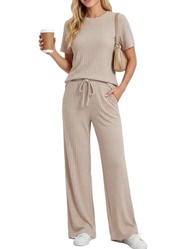 PATPAT Lounge Sets for Women 2 Piece Ribbed Knit Loungewear Short Sleeve Pajama Set Matching Pj Set Soft Outfits with Pockets Khaki, XL - Image 1