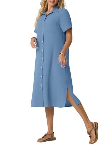 HiMONE Women’s Button Down Shirt Dress Casual Midi Dress Short Sleeve Collared Loose Fit Summer Vacation Dress with Pocket - Image 1
