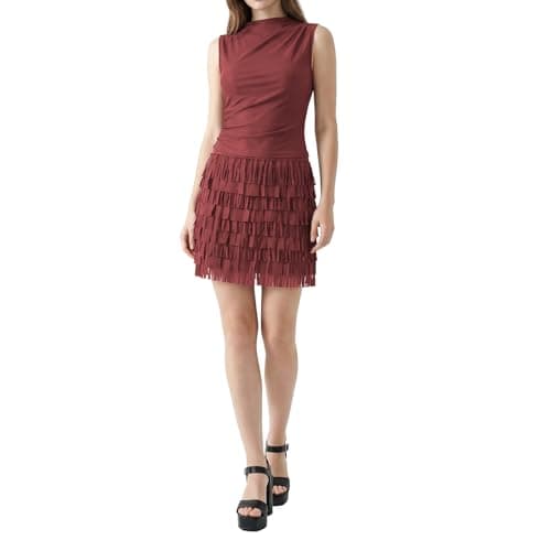 OctMoon Women's Sleeveless Pleated Halter Dress with Fringe Skirt Trendy Casual Cocktail Dress, Summer Vacation Outfit (Wine Red) - M - Image 1