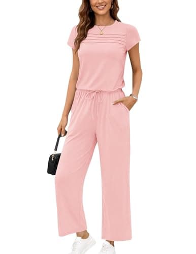 Ekouaer Jumpsuits for Women 2026 Summer Casual Round Neck Pleated Front Womens Rompers With Pockets Vacation Outfits Light Pink XL - Image 1