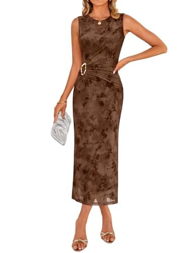 ZESICA Women's Summer Sleeveless Floral Bodycon Midi Dress 2026 Ruched Mesh Wrap Wedding Guest Cocktail Party Long Dresses Brown Small