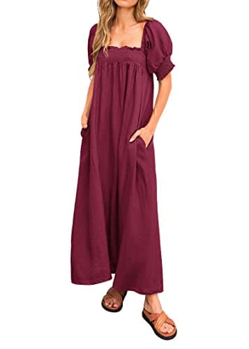 KIRUNDO Women 2026 Summer Maxi Dress Casual Loose Puff Sleeve Square Neck Maternity Flowy Long Beach Dresses with Pockets(Wine Red, Small) - Image 1