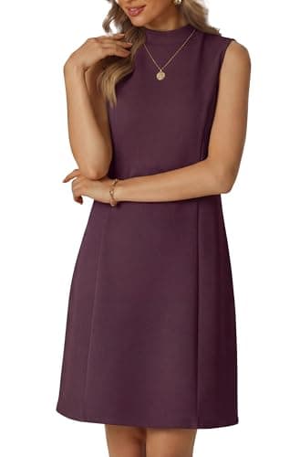 HiMONE Women’s Mock Neck Mini Dress Sleeveless A-Line Swing Dress with Pockets Casual Soft Stretch Summer Dress Dark Purple - Image 1