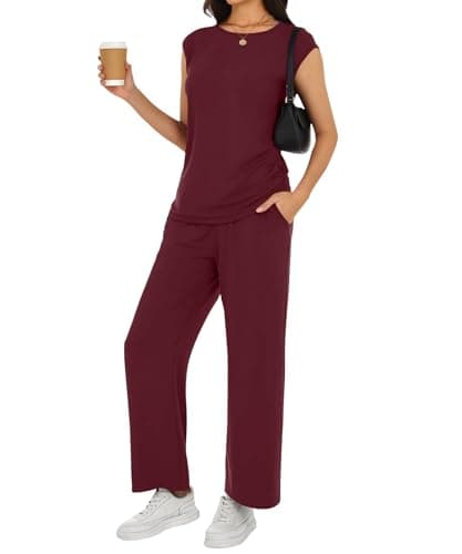 YSYOKOW Women's 2 Piece Lounge Set Cap Sleeve Top and Wide Leg Pants Casual Matching Travel Outfit with Pockets(Wine Red, X-Large) - Image 1