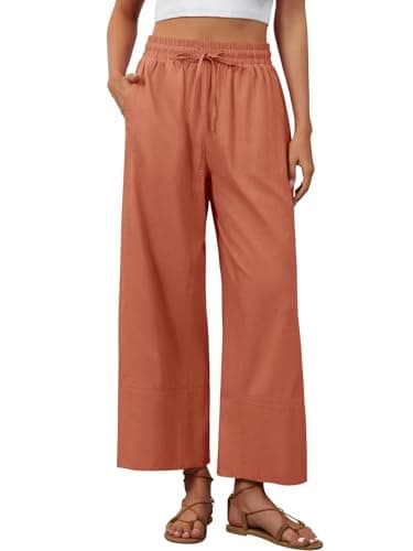grewley Cotton Pants for Women Linen Pants Boho Casual Palazzo Pants Wide Leg Long Trousers with Pockets Tangerine S - Image 1
