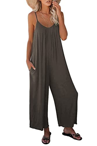 STOLKISS Women Casual Jumpsuits Summer Sleeveless Loose Jumpsuit Shoulder Strap Adjustable Long Pants Rompers with Pockets (Khaki, Small)