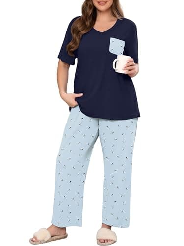 AusLook Plus Women Pajamas Set 2 Piece Lounge Sets Short Sleeve Top and Full Length Pant Chest Pocket Matching Maternity Christmas Print Lamb Print Light Blue 5X Pjs Loungewear Sleepwear - Image 1