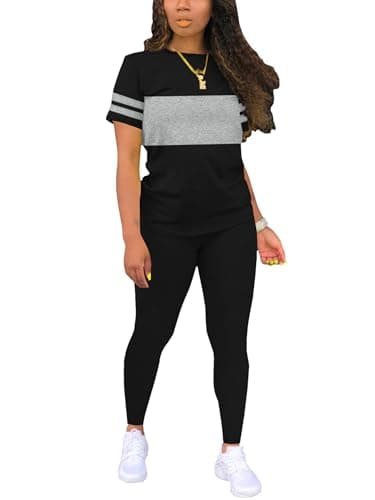Hakubeby Two Piece Sets for Women Summer Short Sleeve Striped Crewneck Slim Fit Active Casual Sweatsuits Black Medium - Image 1