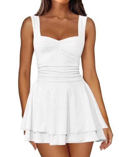 IWD Square Neck Sleeveless Mini Corset Dress Flowy Ruched Waist Tiered Ruffle Hem Short Birthday Party Dresses for Women White XX-Small - Image 1
