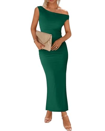 BTFBM 2026 Summer Wedding Guest Dresses for Women One Shoulder Bodycon Ruched Mesh Formal Cocktail Spring Fall Maxi Dress(Dark Green, XX-Large) - Image 1