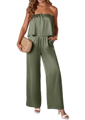 KIRUNDO Jumpsuits For Women Dressy 2026 Summer Satin Strapless Romper Flowy Tube Top Spring One Piece Vacation Outfits(Army Green, Small) - Image 1