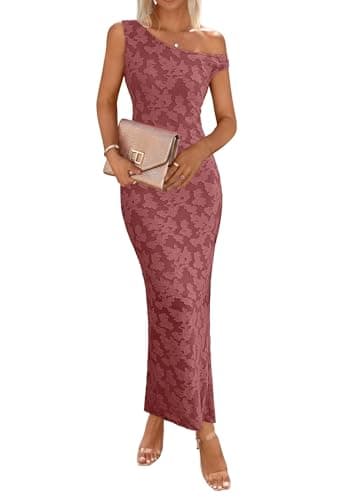 Lazysmile Women's Summer Floral Boho Maxi Dresses Off Shoulder Bodycon Elegant Party Wedding Guest Dress Wine Red - Image 1