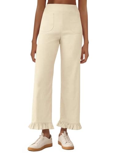 Cicy Bell Womens Straight Wide Leg Pants Casual High Waisted Ruffle Hem Loose Trousers with Pockets Beige - Image 1