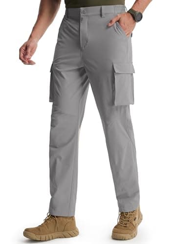 Libin Men's Hiking Pants Lightweight Quick Dry Cargo Pockets Water Resistant Work Travel Pants Elastic Waist Straight Leg Regular Fit Soft Outdoor UPF 50+, Light Grey, 36W x 32L - Image 1