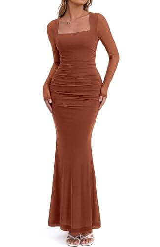 BTFBM Women's Maxi Dresses Fall 2026 Long Sleeve Ruched Bodycon Dress Square Neck Cocktail Party Wedding Guest Dresses(Caramel,XX-Large) - Image 1