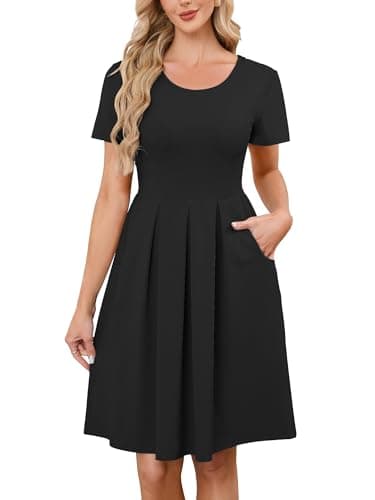 KORSIS Women Summer Dresses Short Sleeve Casual Round Neck A-Line Pleated Black Small Dress Knee Legnth Beach Casual Vacation Sundress with Pockets - Image 1