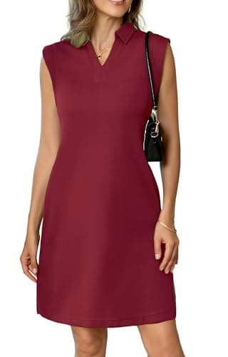 BEXIBOOM Travel Dress with Pockets for Women, Casual Summer T Shirt Dress, V Neck Polo Collared Cap Sleeve Knee Length Loose Fit Dress Burgundy-2XL - Image 1