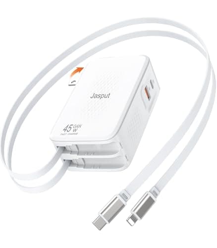 Jasput 45W Retractable Wall Charger, GaN Fast Charger Block with Built-in Dual Cables, Foldable Plug, 4-in-1 Travel Charging Adapter with USB-C/USB-A Ports for iPhone 17-11, iPad, Galaxy and More