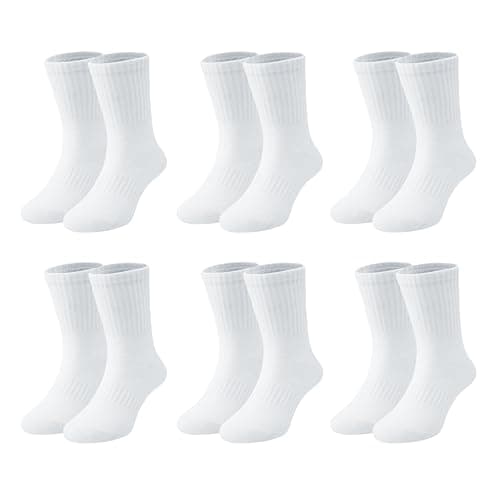Fiveluck 6 Pairs Boys Athletic Crew Socks, Cotton Basic School Uniform Breathable Casual Sports Socks, White, 6-8 Years - Image 1
