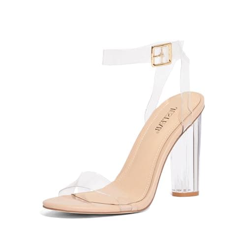 JustFab Clear Heels for Women 4 Inches Chunky Heels Sandals for Women Comfy Open Toe Block Heeled Sandals Nude Ankle Strappy High Heels - Image 1