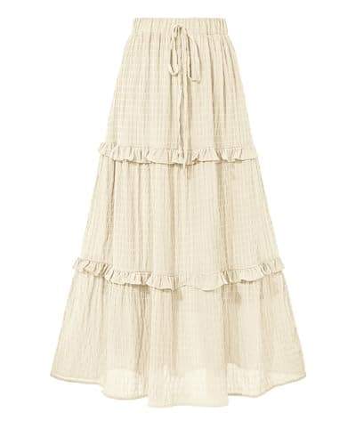 BTFBM Women's Long Summer Skirt 2026 Elegant High Waist Cocktail Party Wedding Guest Dress Flared A-Line Midi Skirts(Beige White,XX-Large) - Image 1