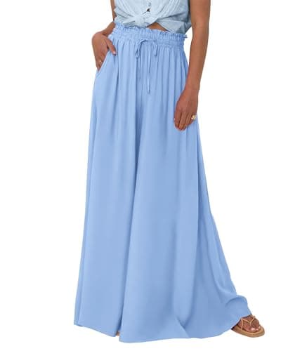 BTFBM Wide Leg Palazzo Pants for Women 2026 Summer Spring Casual High Waisted Flowy Trousers Boho Beach Vacation Outfits(Solid Blue, Small) - Image 1