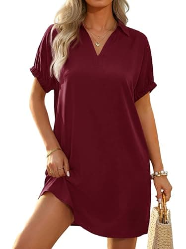 Wenrine Women Swimsuit Coverup Shirt Dress Collared V Neck Short Sleeve Bathing Suit Cover Up Summer Beach Vacation Outfits Burgundy