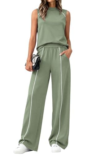 BTFBM Two Piece Sets for Women Summer Outfits 2026 Lounge Sets Mock Neck Tops Wide Leg Pants Travel Fashion Clothing(Sage Green, Large) - Image 1
