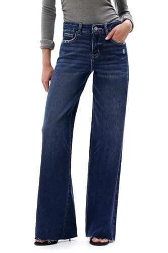 ONESO Mid Waisted High Stretchy BBL Wide Leg Baggy Jeans Tummy Control Holiday Party Distressed Denim Pants Dark Blue - Image 1
