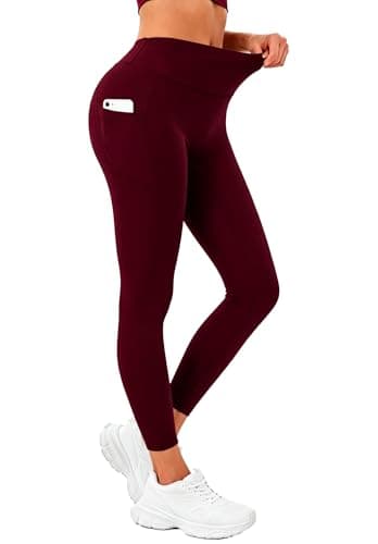 Pobodo High Waisted Yoga Leggings for Women with Pockets (US, Alpha, Medium, Regular, Regular, Burgundy) - Image 1
