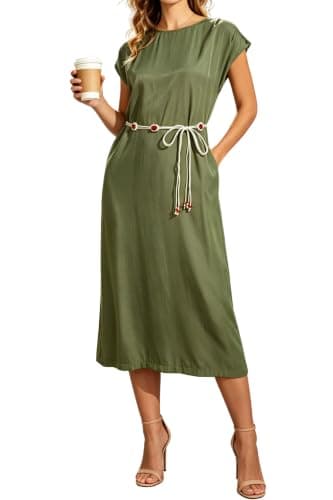 Women's Summer Army Olive Green Casual Cap Sleeve Back Split Shift Elegant Office Rayon Pockets Dress with Decorative Waist Chain Ladies Straight Calf Length Work Business Vocation Holiday Dresses