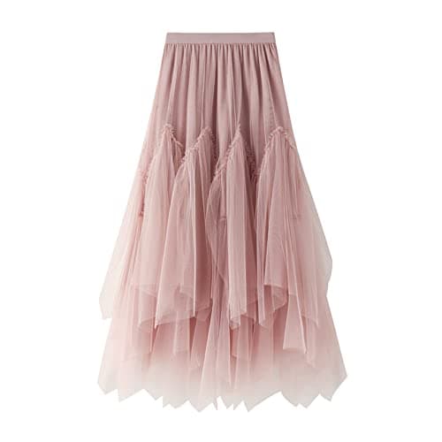 Women's Tulle Skirt Formal High Low Asymmetrical A-Line Fairy Elastic Waist Layered Long Midi Skirts Pink - Image 1