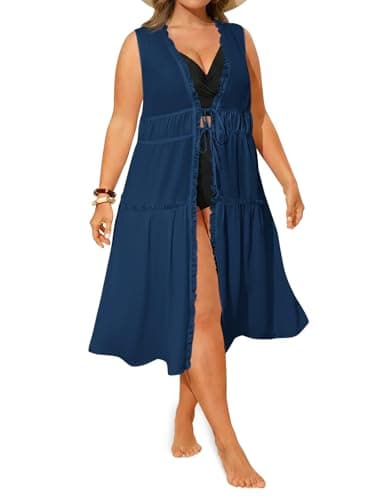 Yousify Womens Plus Size Swimsuit Long Cover Up Chiffon Bikini Coverups Kimono Tie Front Bathing Suit Beachwear Navy - Image 1