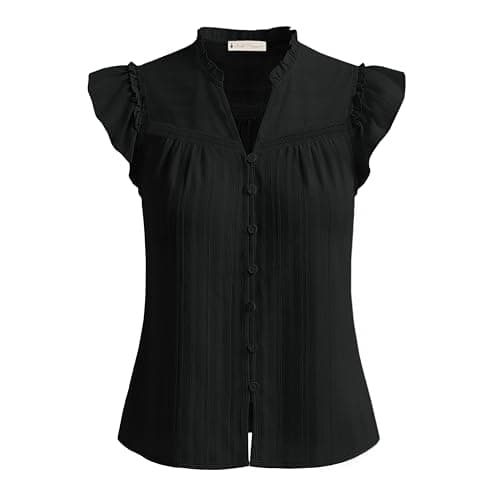 Belle Poque Women's Ruffle Short Sleeve Cotton Shirts V Neck Button Down Lace Crochet Blouses Spring Summer Dressy Casual Tops 2026 Black M - Image 1